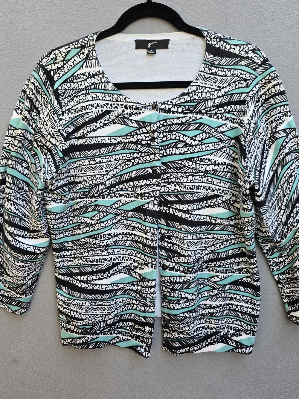 GNW Women's Button Front Cardigan Large Vibrant Black, White And Mint Pattern